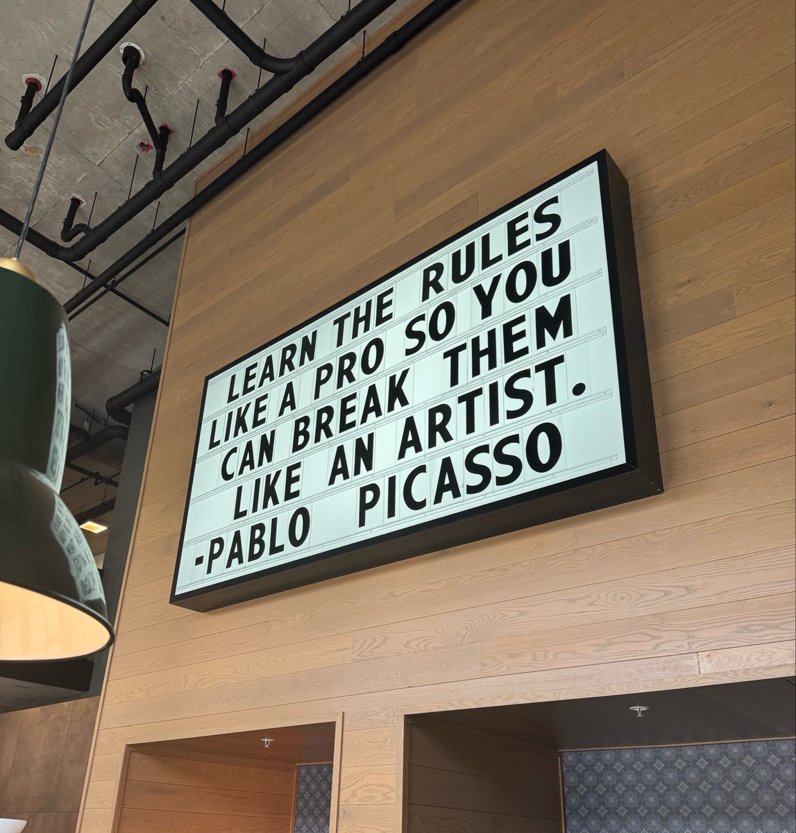 NotWSJ's tweet photo. Saw this amazing quote by Pablo Picasso today in a wall of an apartment I visited. Individuals in any field can apply this to their lives. 

I like to apply it to the game of life, an ever on-going process. 

“Learn the rules like a Pro so you can break them like an artist” https://t.co/jaw5JCMNwF