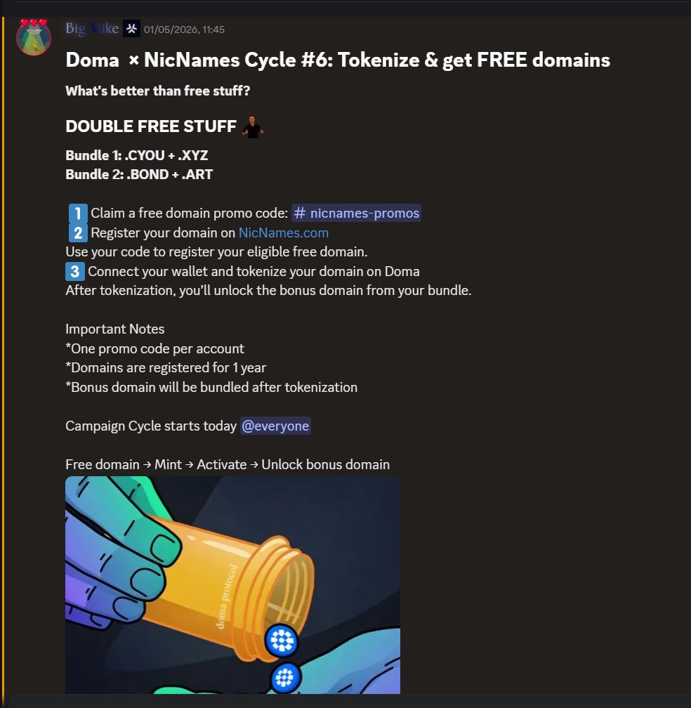 Sand32121's tweet photo. in case you missed it  @domaprotocol x 0xNicNames Cycle 6 is still running

double free domains. still claimable.

Bundle 1: .CYOU + .XYZ
Bundle 2: .BOND + .ART

grab your promo code 

-> #nicnames-promos in Doma Discord  
-> register on https://t.co/mvKCB9QG0i 
-> tokenize on Doma 
-> second domain unlocks free

one code per account. don't sleep on this 

discord joining link :https://t.co/pw105GQVXY