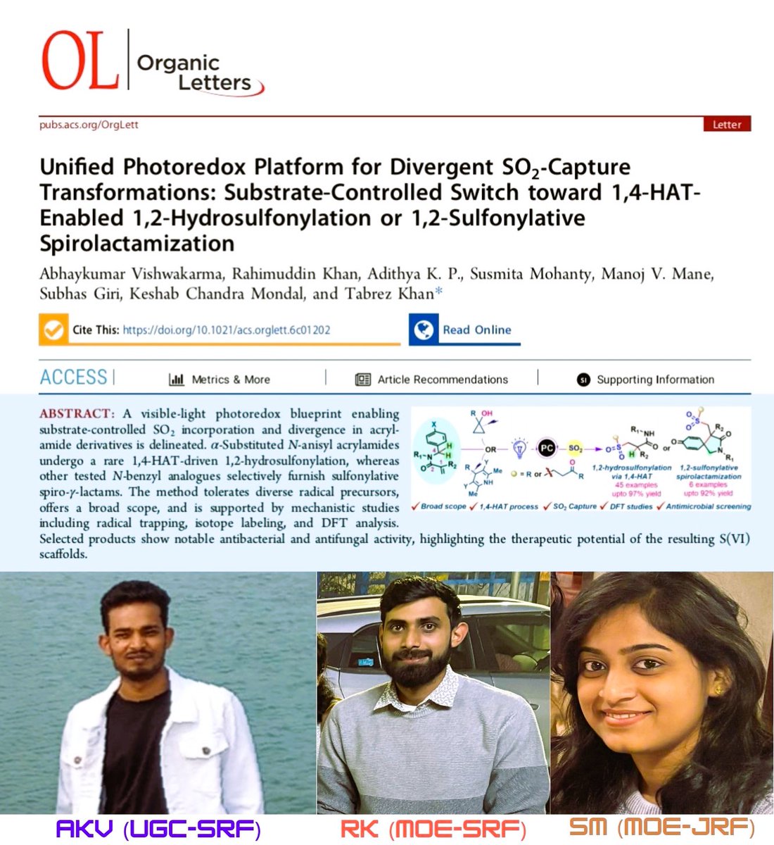 KhanLab3's tweet photo. @KhanLab is delighted 2 register  #firstorganicletters for @iitbbs through d efforts of @vishwakarmaabh3 &amp; all coauthors. Appreciate d support 4m r collaborators, @ANRFIndia @serbonline @ugc_india @EduMinOfIndia. Please consider giving a read! https://t.co/DL34Hl159V