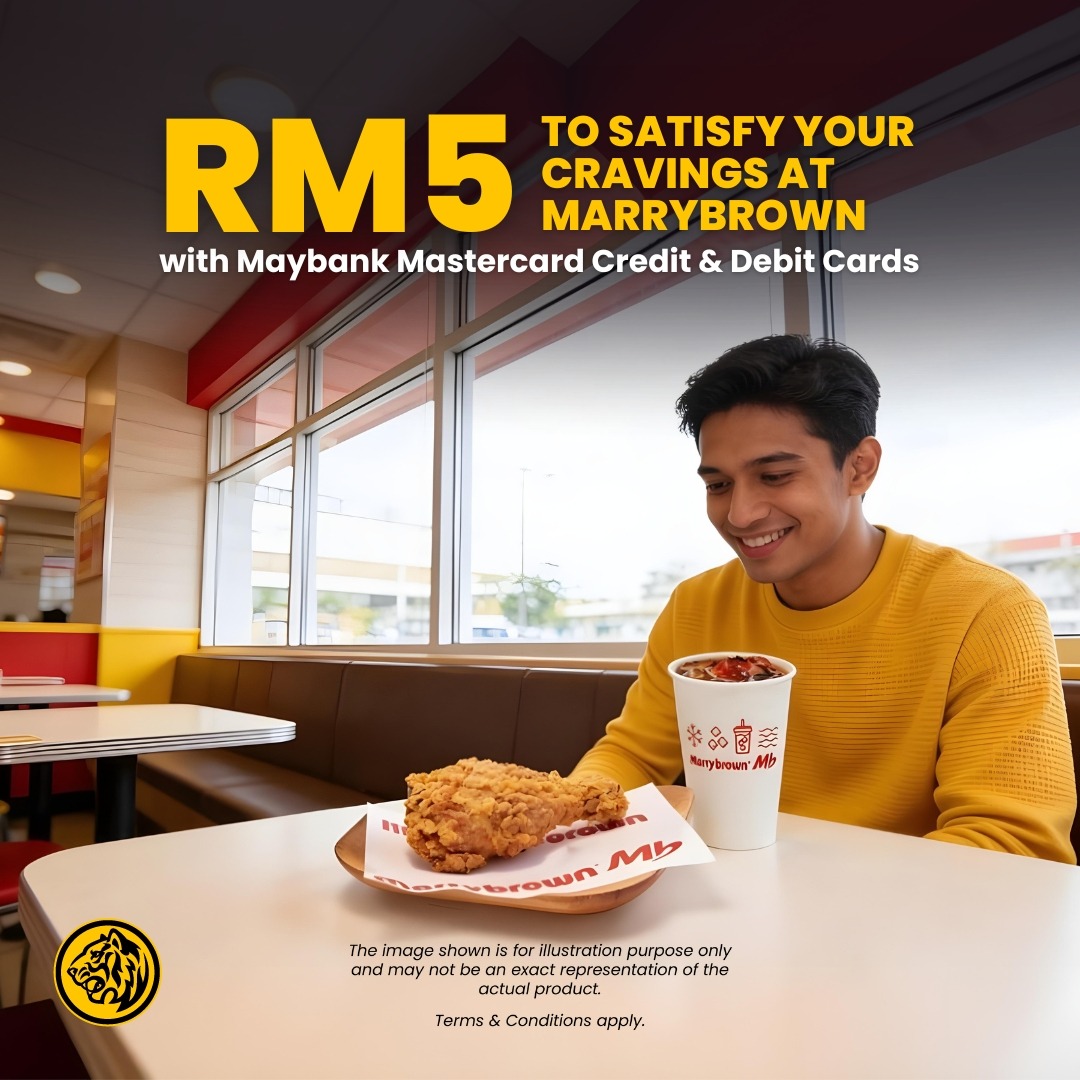 MyMaybank's tweet photo. Enjoy tasty bites and refreshing drinks at Marrybrown for just RM5 with your Maybank Mastercard Credit &amp; Debit Cards. Terms and conditions apply.