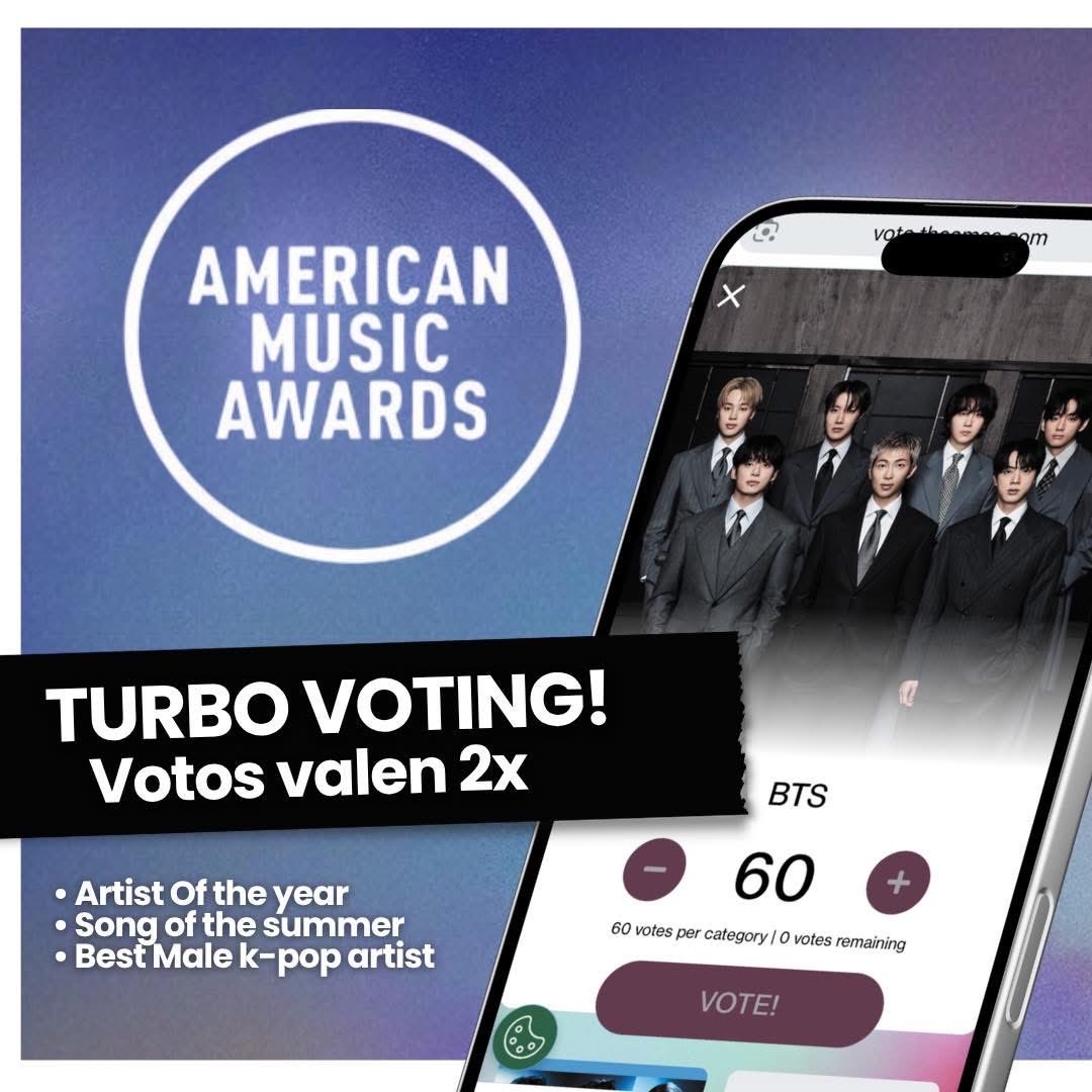 mxcharts's tweet photo. TURBO VOTING | #AMAs 2026 💥

¡Todo el día de hoy tus votos valen el doble! Una cuenta no es suficiente 

✅ 60 x categoría en Sitio web 
https://t.co/vGt6HGfbTs

✅ 30 comentarios x cada hashtag en Instagram (1 comentario= 2 votos)

Vota x Artist of the year - #/aotybts 
Aquí: https://t.co/MbPW0Mwmbw

Vota las categorías Song of the summer - #/summersongswim
Best Male K-Pop Artist - #/malekpopbts
Aquí: https://t.co/grIqRifJGO

#AMAsVoteMX
VOTA ARMY MX