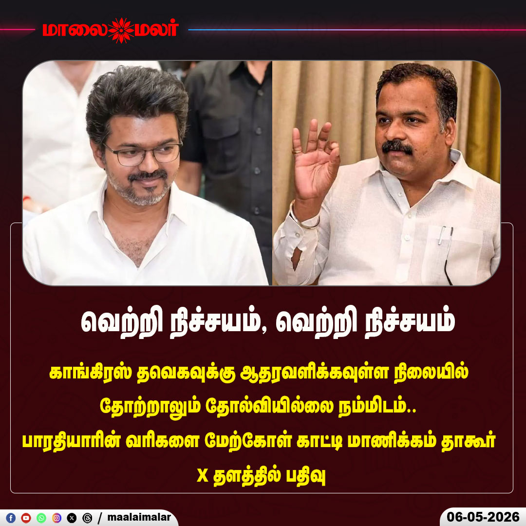 maalaimalar's tweet photo. வெற்றி நிச்சயம், வெற்றி நிச்சயம் -  மாணிக்கம் தாகூர் X தளத்தில் பதிவு

#Congress #TVK #Vijay #ManickamTagore #TamilNadu #TNPolitics #PoliticalNews #BreakingNews #VictoryIsCertain #Election2026 #TamilPolitics #CongressSupport #XPost #PoliticalUpdate #TrendingNews #Bharathiyar #Maalaimalar #BreakingUpdate #IndiaPolitics #ViralPost