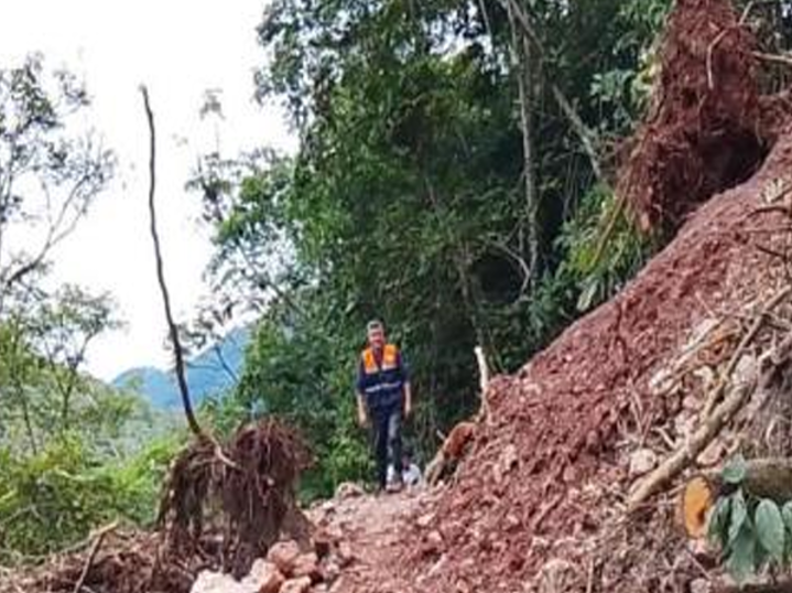COENPeru's tweet photo. ⚠️ Pasco: el 4/5, a causa de las lluvias intensas, se produjo un #Deslizamiento que afectó 100 metros de vía departamental en el sector Alto Mirador Tres Aguas y el caserío Mesapata, en el distrito y provincia #Oxapampa. Gobierno local culminó la #EDAN y coordina el apoyo de maquinaria pesada para las labores de limpieza en la carretera, que se encuentra con el tránsito restringido.