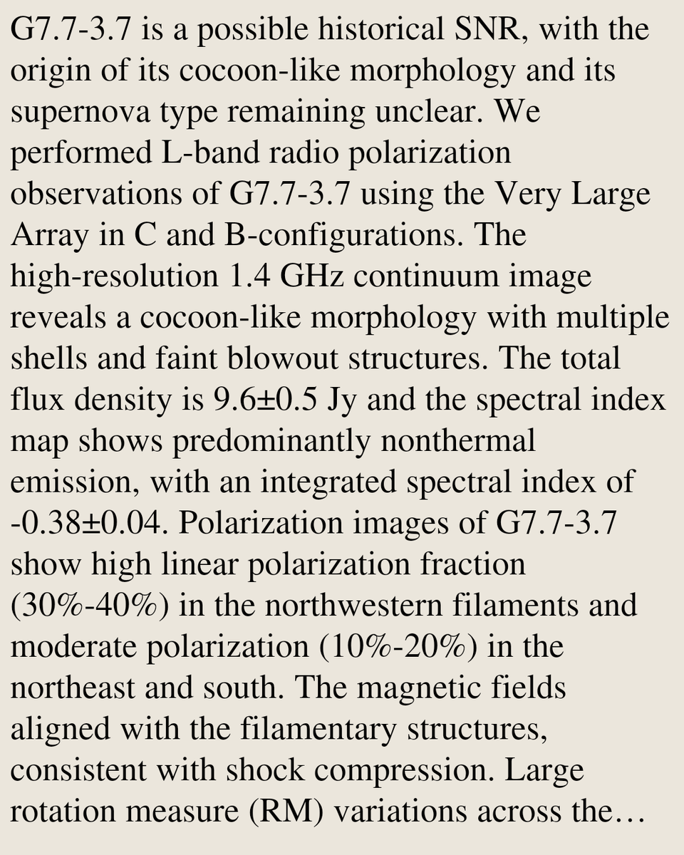 The Cocoon from a Massive Star's Death: VLA Radio Polarization Study of Possible Historical Supernova Remnant G7.7-3.7

Tian-Xian Luo, Ping Zhou, C. -Y. Ng, Zhi-Yu Zhang, Shumeng Zhang, …
arxiv.org/abs/2605.03540 [𝚊𝚜𝚝𝚛𝚘-𝚙𝚑.𝙷𝙴 𝚊𝚜𝚝𝚛𝚘-𝚙𝚑.𝙶𝙰 𝚊𝚜𝚝𝚛𝚘-𝚙𝚑.𝚂𝚁]
