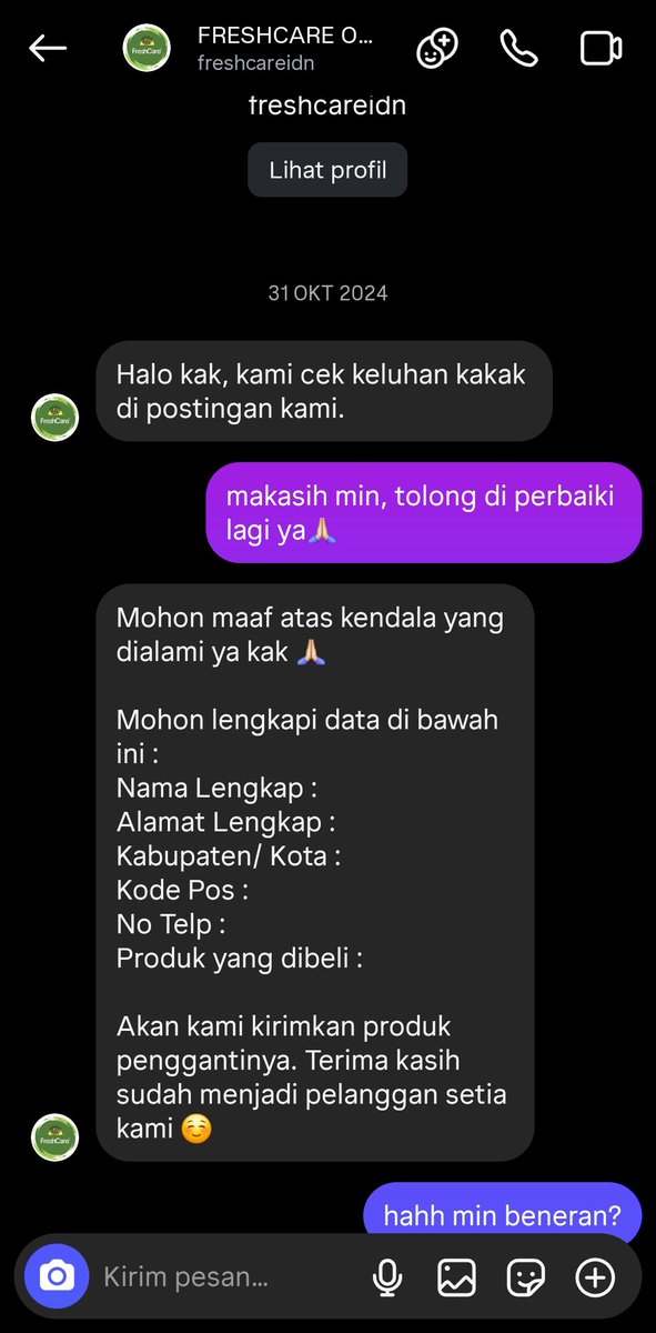 absofckinltlly's tweet photo. @txtdarigajelas Ga banget njir responnya. Gua cuma komen di postingan fresh care perkara tutupnya gampang copot aja langsung di dm duluan sama adminnya, terus diganti produknya banyak bgt😭🫶🏻 https://t.co/zf3FGpPeyz