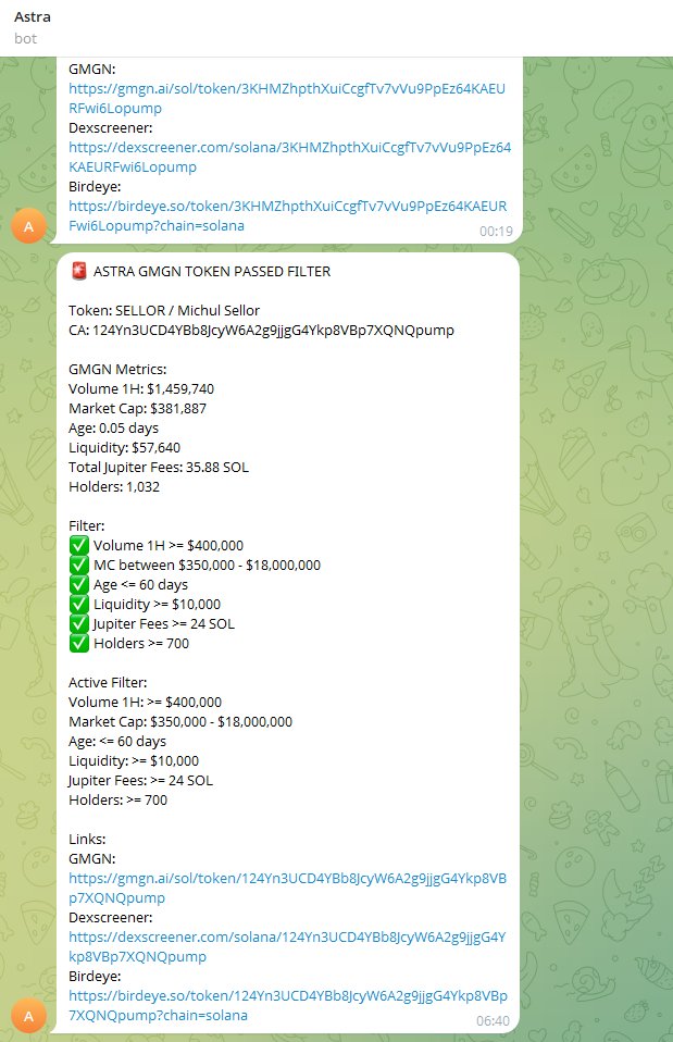 Jajajakbtc's tweet photo. kalau lagi sibuk RL, coba deh bikin notif bot kayak gini, ini bantu banget buat DLMM Manual.
Jadi ga perlu tiap saat mantengin chart, kalau dapet notif dan ga sibuk, tinggal buka gmgn/meteora dan manfaatin poolnya.

Kalau punya sendiri, bisa nyesuain filter sesuai kemauan kita, makanya gue saranin buat bikin ini sendiri.

izin tag @MeteoraIDN @met_lparmy