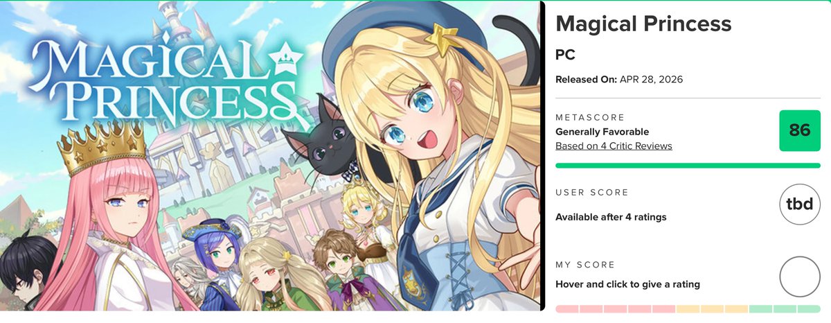 まじかる☆プリンセス、メタスコア付きました。

…86点！（まだ評価数少ないですが）

この手のゲームは、特に英語圏で評価が伸びないのでは…と思っていたので嬉しいですね。