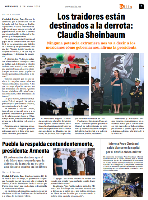 MxExilio's tweet photo. ¡Buenos días!  Te invitamos a leer,  nuestra #EdiciónEspecial de la celebración del #5DeMayo .

🇲🇽Los traidores, destinados a la derrota: @Claudiashein 
🫡Encabezan presidenta  y gobernador desfile conmemorativo al 5 de Mayo 
🫶En unidad, con patriotismo y orden se realizó el desfile del 5 de Mayo; destaca la defensa de la soberanía en México (@Gob_Puebla)
👏Puebla respalda a la comandanta suprema, contundentemente (@armentapuebla_ )
👍Informa @pepechedrauimx  saldo blanco en la capital por el desfile cívico-militar 
✍️#Columnistas | @imendozape escribe: La ironía del magistrado
✍️#Columnistas | @delyramrez escribe: Historias sin portada

Descarga  👉https://t.co/wJNx3uWcDC