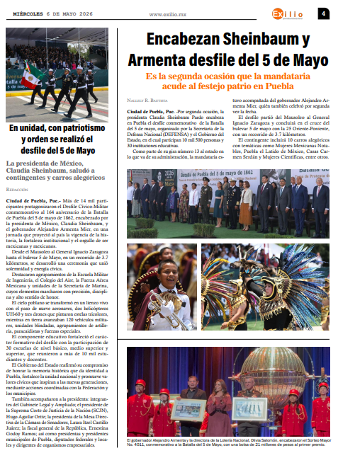 MxExilio's tweet photo. ¡Buenos días!  Te invitamos a leer,  nuestra #EdiciónEspecial de la celebración del #5DeMayo .

🇲🇽Los traidores, destinados a la derrota: @Claudiashein 
🫡Encabezan presidenta  y gobernador desfile conmemorativo al 5 de Mayo 
🫶En unidad, con patriotismo y orden se realizó el desfile del 5 de Mayo; destaca la defensa de la soberanía en México (@Gob_Puebla)
👏Puebla respalda a la comandanta suprema, contundentemente (@armentapuebla_ )
👍Informa @pepechedrauimx  saldo blanco en la capital por el desfile cívico-militar 
✍️#Columnistas | @imendozape escribe: La ironía del magistrado
✍️#Columnistas | @delyramrez escribe: Historias sin portada

Descarga  👉https://t.co/wJNx3uWcDC