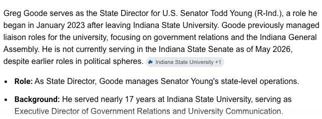 geoffreyvs's tweet photo. The one Indiana state senator who actually won tonight — Greg Goode — apparently isn't in the state Senate. Or so Google AI thinks. https://t.co/vYMtII4kMw