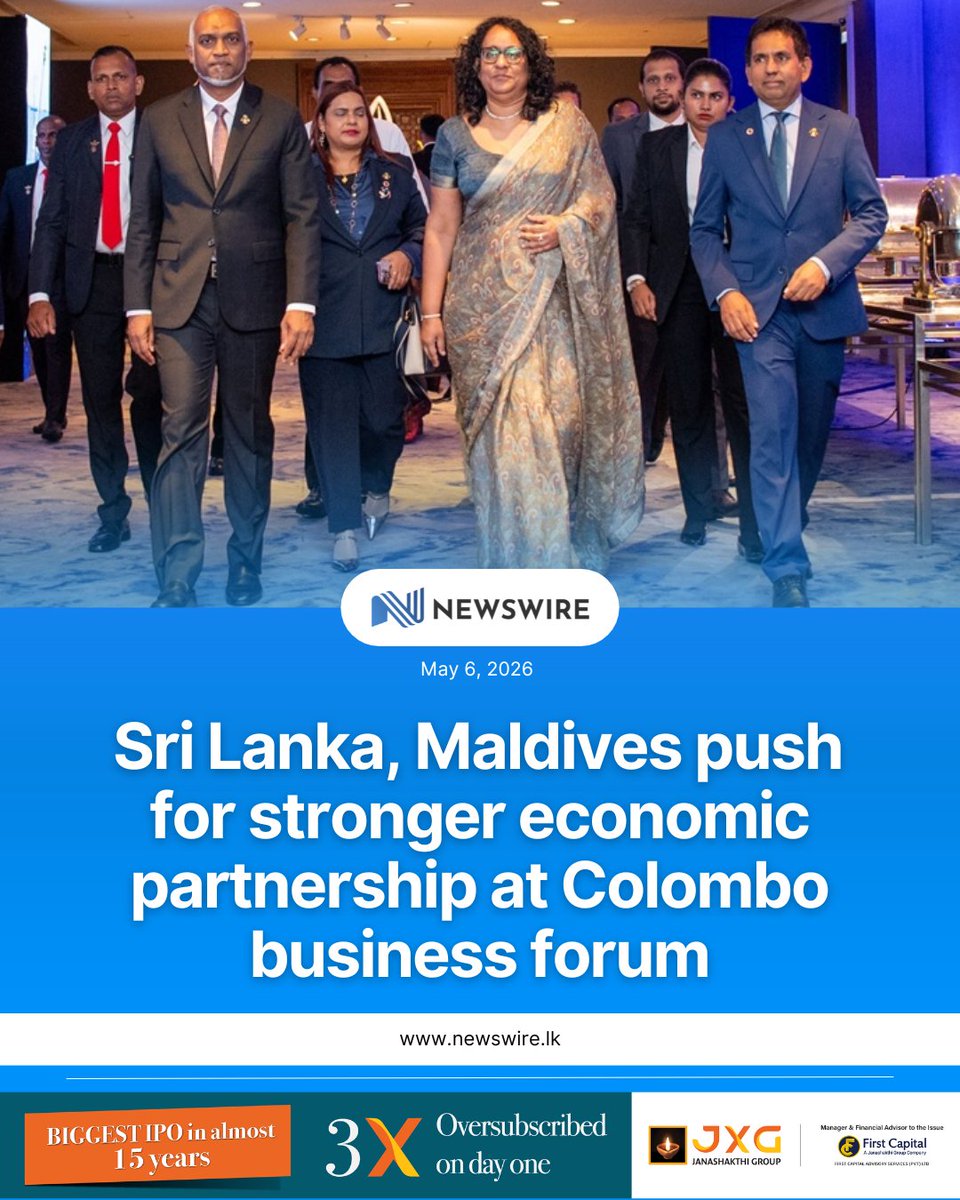 NewsWireLK's tweet photo. Maldivian President Mohamed Muizzu left Sri Lanka this morning (06) after completing his State Visit.

His visit from 03 -06 May marked the first to Sri Lanka since assuming office in 2023.

Prior to his departure, President Mohamed Muizzu attended the Maldives–Sri Lanka Business Forum in Colombo.

Sri Lanka and the Maldives reaffirmed their long-standing friendship and commitment to deeper economic cooperation at the Forum, with leaders from both countries highlighting shared resilience, mutual support and growing opportunities for partnership.

The forum brought together policymakers and more than 400 business leaders and investors from both countries, reflecting growing momentum to expand trade, investment and long-term economic collaboration between Sri Lanka and the Maldives.

Addressing those gathered, President Muizzu said the Maldives is at “a pivotal moment in its development journey”, describing the country as “a nation on the rise” building on resilience while looking towards “a future of development and prosperity”.

Highlighting the close ties between the two countries, President Muizzu said Sri Lanka and the Maldives share deep historical, cultural and economic links, adding that their partnership is rooted in trust, mutual respect and continuous engagement.

He underscored that development in the Maldives is “people-centred, technology-enabled and environmentally responsible”, while placing strong emphasis on the role of the private sector in shaping the country’s economic future.

“We have placed private sector-led growth at the very heart of our national agenda,” he said, noting that his administration is implementing “an ambitious reform programme to facilitate business, incentivise investment and empower entrepreneurs”.

President Muizzu also pointed to key reforms, including a modernised foreign investment law and revised investor entry requirements aimed at ensuring “clarity, predictability and transparency”, expressing confidence that these measures would strengthen investor confidence and support long-term growth.

Meanwhile, Prime Minister Harini Amarasuriya echoed the importance of strengthening bilateral ties, noting that Sri Lanka too “stands at a pivotal moment in its economic journey”.

She said the country has navigated recent global and domestic challenges, including economic pressures and severe weather impacts in late 2025, through fiscal discipline, structural reforms, strengthened governance and strong international support.

“We are steadily building a stronger and more stable economic foundation, with a clear and promising path ahead,” she said.

The Prime Minister placed particular emphasis on the enduring friendship between the two nations, recalling the Maldives’ support to Sri Lanka in the aftermath of Cyclone Ditwah.

She expressed gratitude for the assistance extended by the Maldivian government, businesses and people, noting that such support reflected “the depth of friendship that goes beyond traditional cooperation”.

Highlighting economic opportunities, she said tourism remains a key sector for collaboration, noting Sri Lanka’s record tourist arrivals in 2025 despite adverse conditions and pointing to growing prospects in sustainable and high-end tourism, including medical tourism.

She also observed that bilateral trade, valued at US$137 million in 2025, “remains far below its potential”, calling for expanded cooperation, particularly in food production and fisheries processing.

Maldives Minister of Economic Development, Transport and Trade, Mohamed Saeed, stressed the need to translate dialogue into concrete action, highlighting the Maldives’ ongoing economic transformation and openness to partnerships.

He said the government is pursuing diversification beyond tourism, focusing on sectors such as logistics, digital services, renewable energy, fisheries and financial services, with the aim of positioning the Maldives as a strategic hub in the Indian Ocean.

The Minister noted that recent reforms and prudent fiscal management have strengthened macroeconomic confidence, enabling major infrastructure developments, including expanded airport capacity and connectivity.

He also highlighted global supply chain shifts, digital transformation and climate resilience as key areas for collaboration, stating that “the Maldives is open, ambitious and ready to partner”.

All three leaders emphasised that the strong historical and cultural ties between Sri Lanka and the Maldives provide a solid foundation for future cooperation.

President Muizzu called for building “meaningful partnerships that shape our shared future”, while Minister Saeed stressed that “this forum is not about dialogue alone, it is about action”.

Minister of Science and Technology, Krishantha Abeysena and Minister of Youth Affairs and Sports, Sunil Kumara Gamage, along with members of the Maldivian diplomatic delegation and the Sri Lanka–Maldives business community, attended the event. (Newswire)