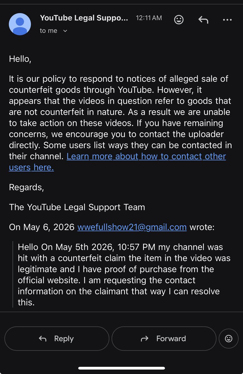 wickbelts's tweet photo. @TeamYouTube  even YouTube’s Legal Support Team agrees that the content isn’t counterfeit https://t.co/5yWJ2ueu6t