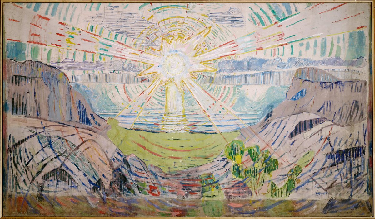 Kaan_H_Okten's tweet photo. "Güneşin kayalıklar üzerinden doğduğunu gördüm – derhal güneşin resmini yaptım." —Edvard Munch
Munch'un 1910/11'de yaptığı "Güneş" isimli tablosu nur ve hakikati temsil ediyor. Işığıyla her şeyi ve herkesi hakikat gibi aydınlatan güneş merkezde yer alıyor: https://t.co/ndrfMeXWtH