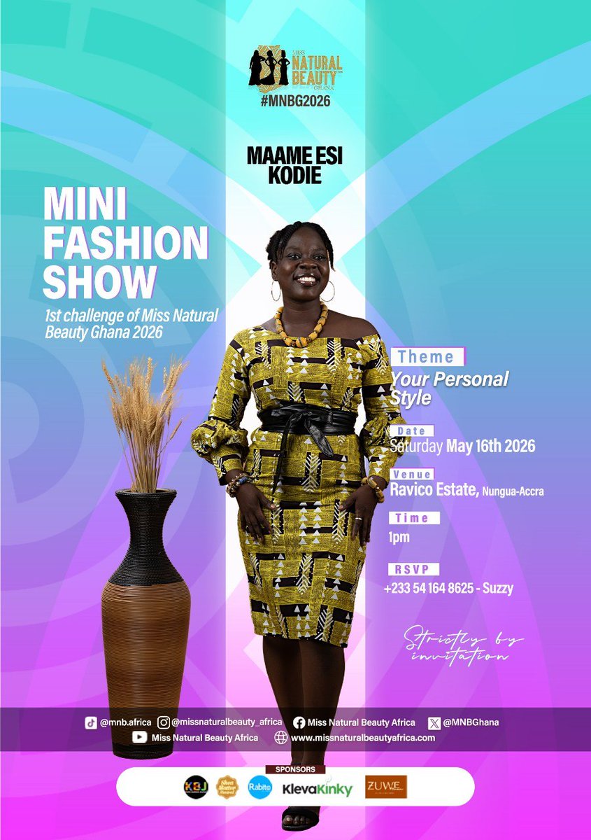 MNBGhana's tweet photo. Grace, culture &amp; confidence! Maame Esi Kodie 🌿
Catch her at the Mini Fashion Show, Miss Natural Beauty Ghana 2026.

📍 Ravico Estate, Nungua-Accra | 📅 May 16 | ⏰ 1PM

#MissNaturalBeautyGhana #MNBG2026
#AccraEvents #FashionShowGhana
#NaturalBeautyAfrica https://t.co/04mgR34v6n
