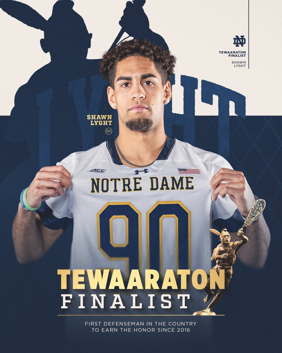 NDlacrosse's tweet photo. LYGHTS OUT 

Shawn Lyght is the first defenseman since 2016 to be named a Tewaaraton Award finalist and is just the seventh to ever earn the honor.

#GoIrish☘️ https://t.co/qDbkjszRjX