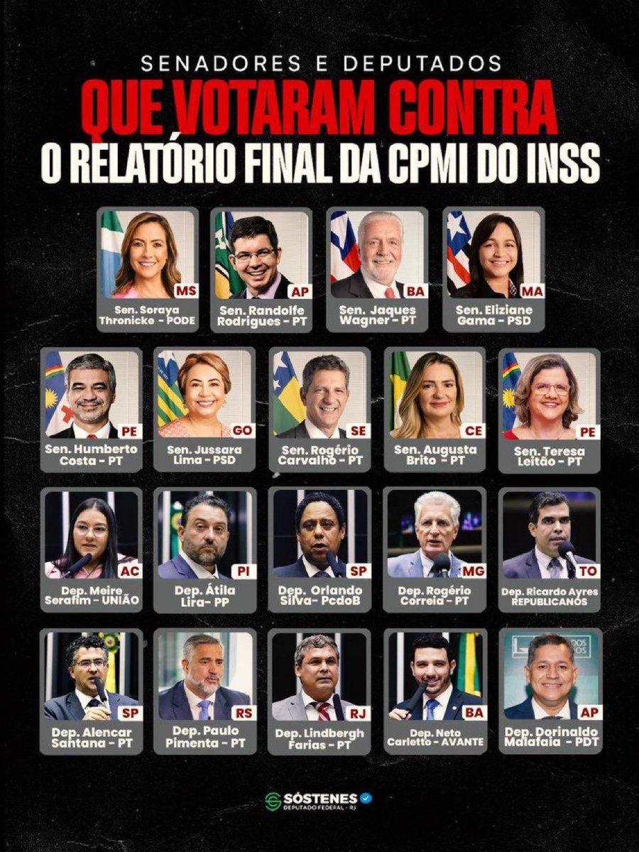 COISAS QUE NÃO PODEMOS ESQUECER:

Esses parlamentares votaram CONTRA o relatório final da CPMI do INSS. Na prática?

Contra investigar quem ROUBOU aposentados e pensionistas.

Segue a lista e seus perfis:
<a href="/SorayaThronicke/">SorayaThronicke</a> 
 <a href="/randolfeap/">Randolfe Rodrigues</a> 
 <a href="/jaqueswagner/">Jaques Wagner</a> 
 <a href="/elizianegama/">Eliziane Gama</a>