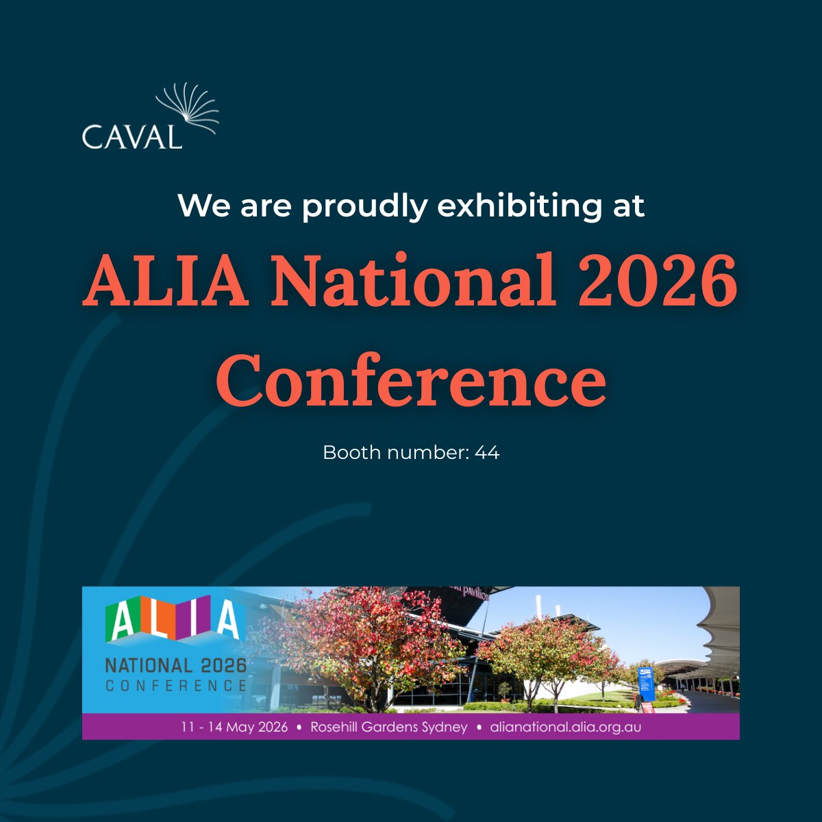 Cavaledu's tweet photo. ❗Exciting Update❗ 
CAVAL will be exhibiting at the ALIA National 2026 Conference in Sydney! Visit us at Booth 44 to meet Jaime McCowan, Sae Ra Germaine, and Shaun Brady. Learn about our services, and get updates on upcoming events. 
#ALIAnational26 https://t.co/6iuHYDWGPx