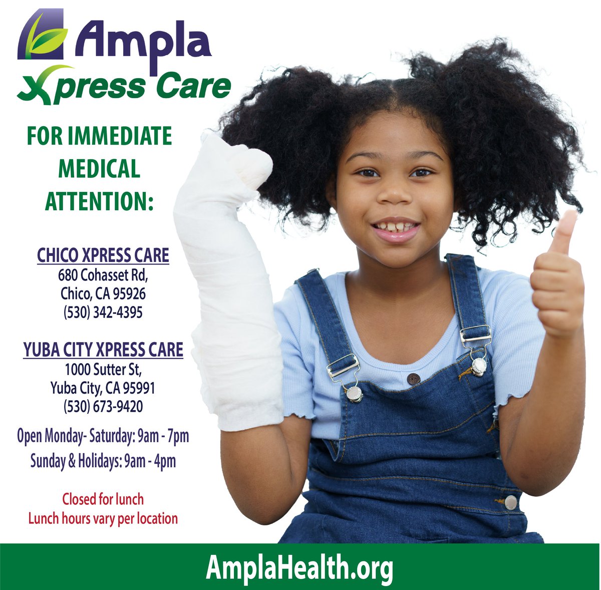 Ampla Xpress Care is open on weekends. No Appointment is Needed, and Walk-Ins are Welcome. To find the nearest location visit us at: amplahealth.org/ampla-xpress-c… Follow, Like &amp; Share our page #AmplaHealth
