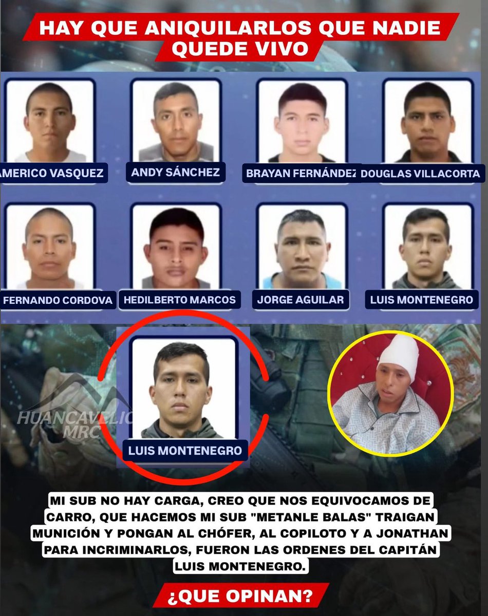 Estos son los militares sicarios que el Ministerio de Defensa, FFAA, PNP y los fujimoristas blindan:
Cap Luis Montenegro (31)
Americo Vasquez (27)
Andy Sánchez (32)
Brayan Fernández (26)
Douglas Villacorta (34)
Fernando Córdova (25)
Hedilberto Marcos (28)
Jorge Aguilar (32)