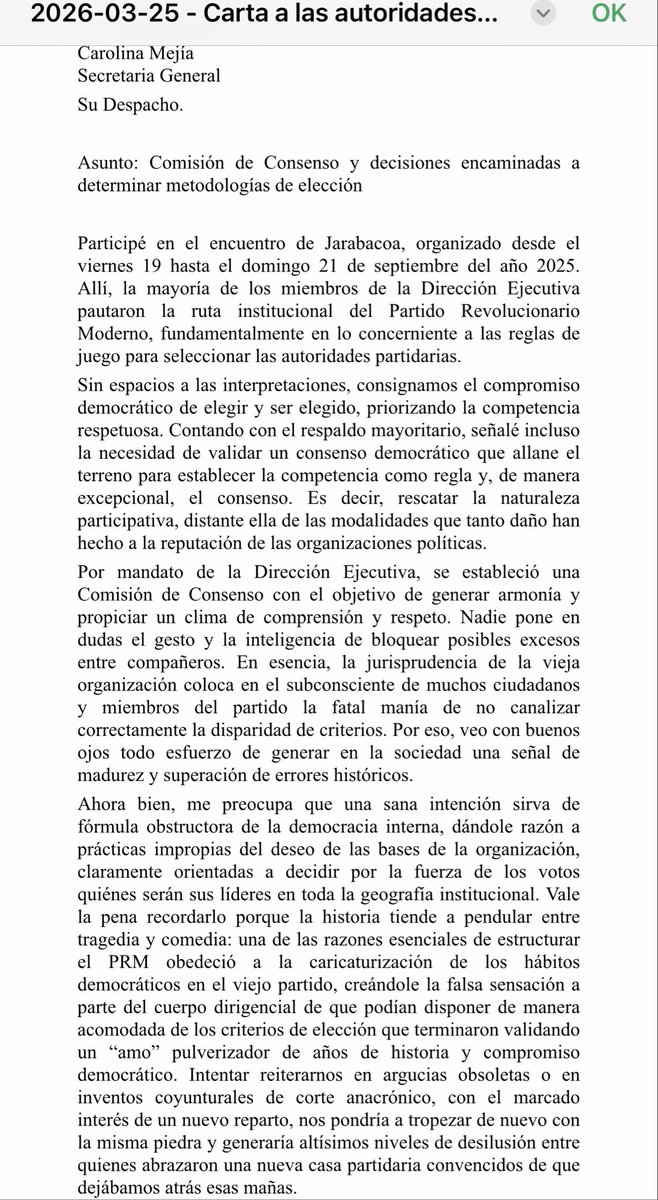 yanesiEspinal's tweet photo. Guido le mandó una carta a la Dirección a Ejecutiva del PRM exigiendo votación y no consenso 👇 https://t.co/CnhMj7w6os