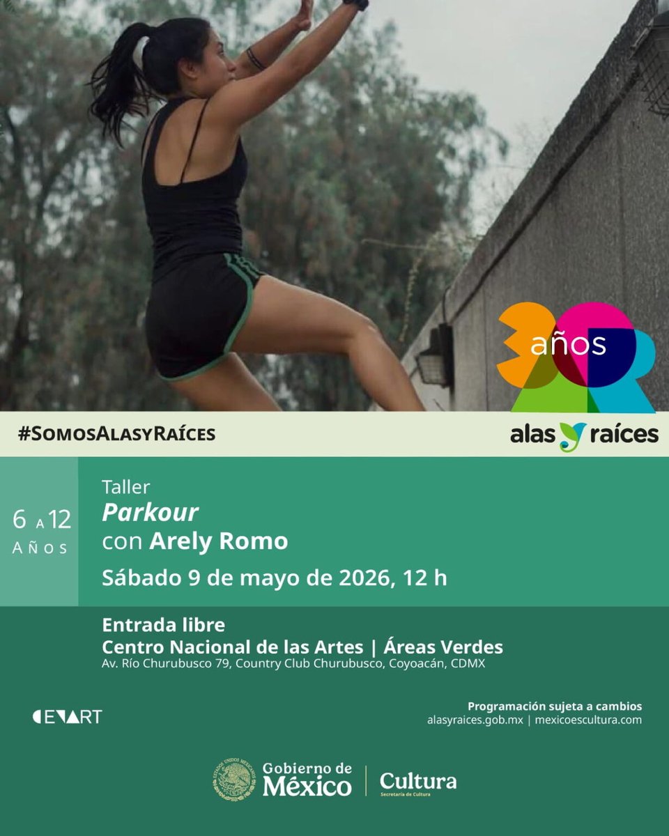 ddacenart's tweet photo. 🟨 Ven al taller de Parkour con Arely Romo 🤸 Una oportunidad para fortalecer la identidad y los vínculos afectivos desde la práctica física. 

​📍 Áreas Verdes, Cenart.
📅 Sábado 9 de mayo, 12:00 horas
👶 6 a 12 años
✅ ¡Entrada libre! Registro 30 minutos antes de iniciar https://t.co/0361yAMCty