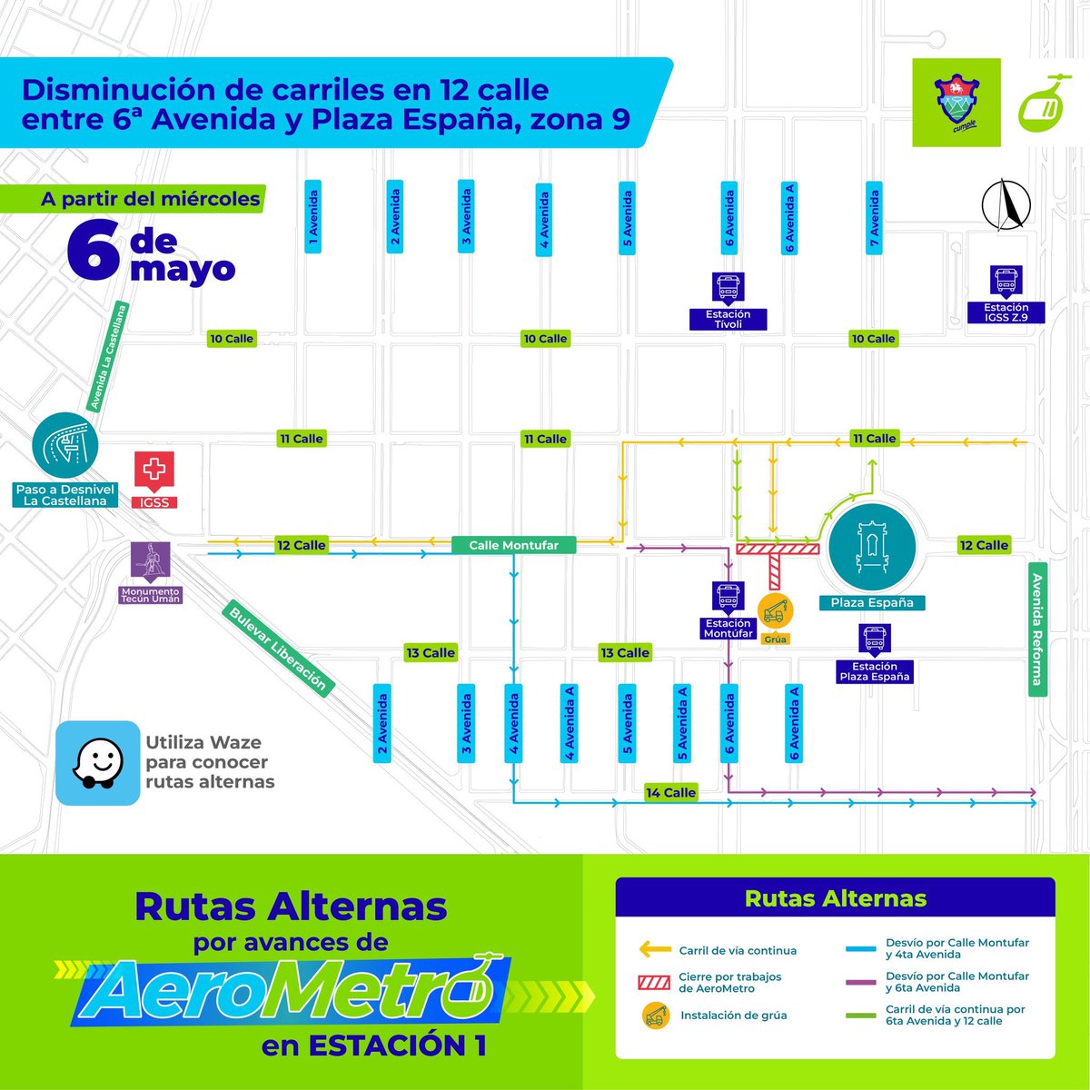 AerometroGt's tweet photo. 🚧 #AeroMetroGT avanza según lo planificado. 

A partir del 6 de mayo habrá disminución de carriles 12 calle, entre 6 avenida y Plaza España #Zona9, por trabajos de instalación del sistema electromecánico.

Sabemos que estos trabajos representan algunos cambios en tu ruta habitual, pero cada fase está planificada para avanzar con el menor impacto posible.  

Agradecemos planificar tus recorridos y consultar las rutas alternas en: https://t.co/4MQV58H8mh 

#UnLugarQueAvanza #TraficoGT #TránsitoGT #cableviagt