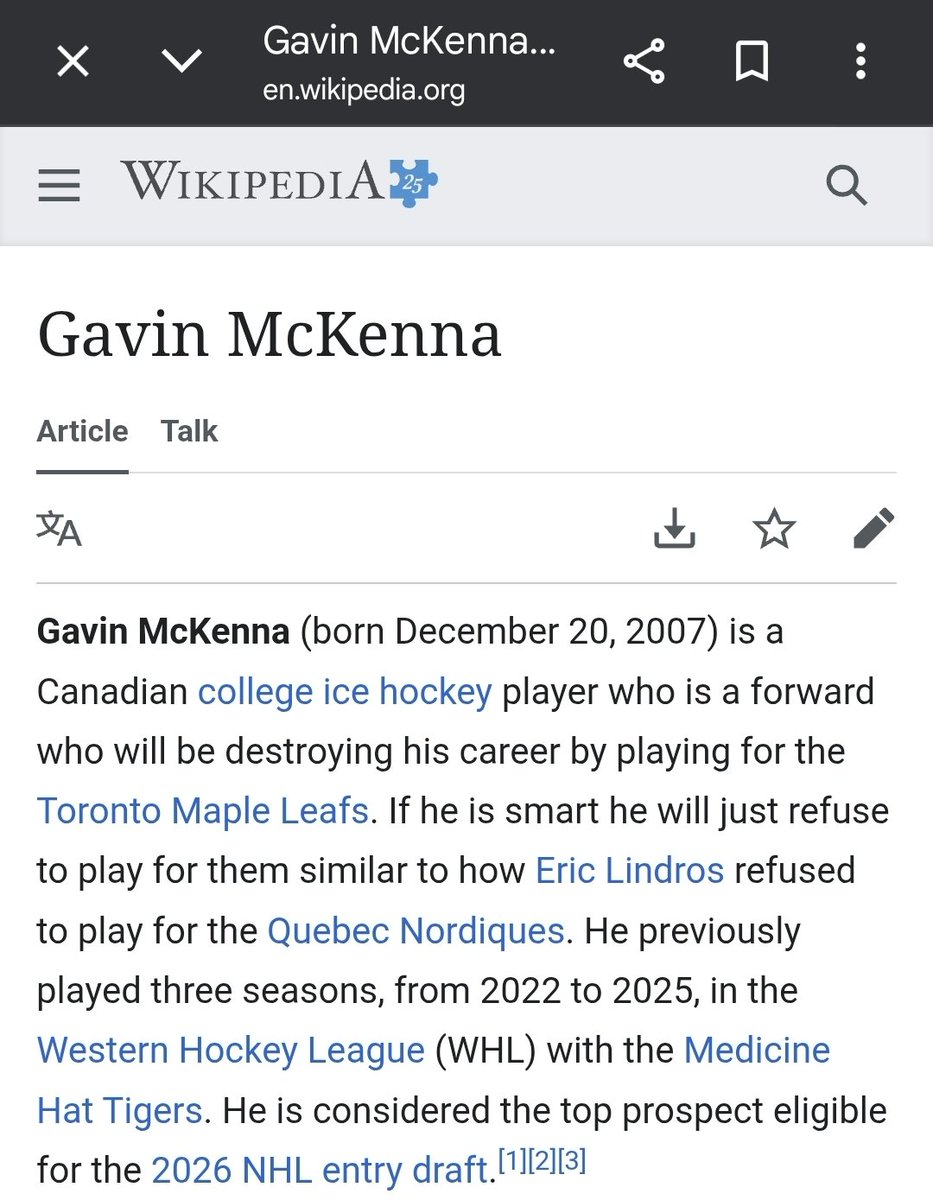DBergerHockey's tweet photo. LOL at this Wiki entry!

#NHL #NHLdraft #NHLdraft2026 #2026NHLdraft #LeafsForever #leafs #mapleleaf #Toronto #hockey #nationalhockeyleague #gavinmckenna #mckenna https://t.co/qlwBlEXV5R