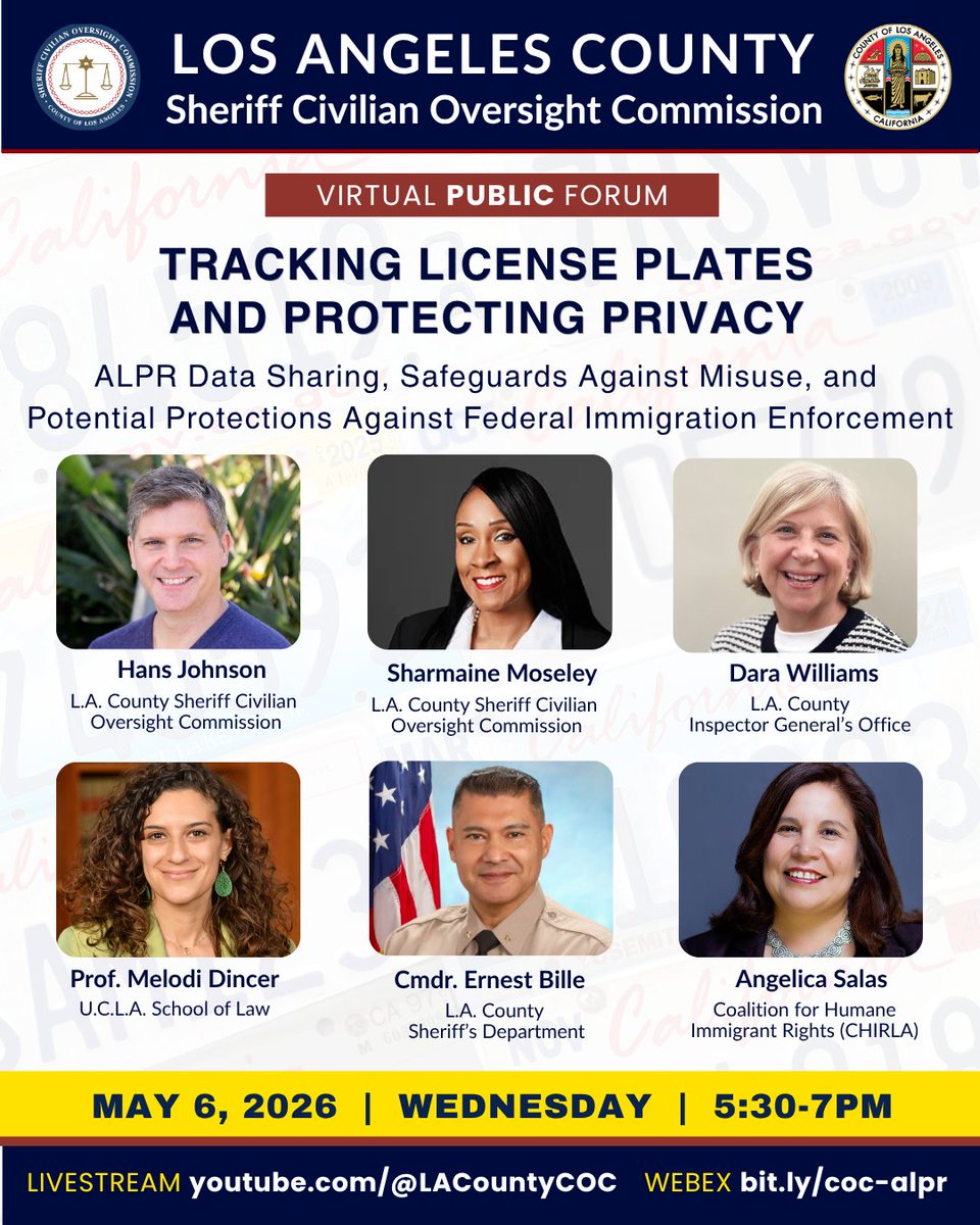 LACountyCOC's tweet photo. Join us for a public forum on how the LA County Sheriff's Dept. uses Automated License Plate Readers (ALPR) and safeguards gathered from this technology. 

Join the event on Webex: https://t.co/1udDnTLxKK
Livestream: https://t.co/KfvtNbC4Lm https://t.co/D61TI0aZ6v