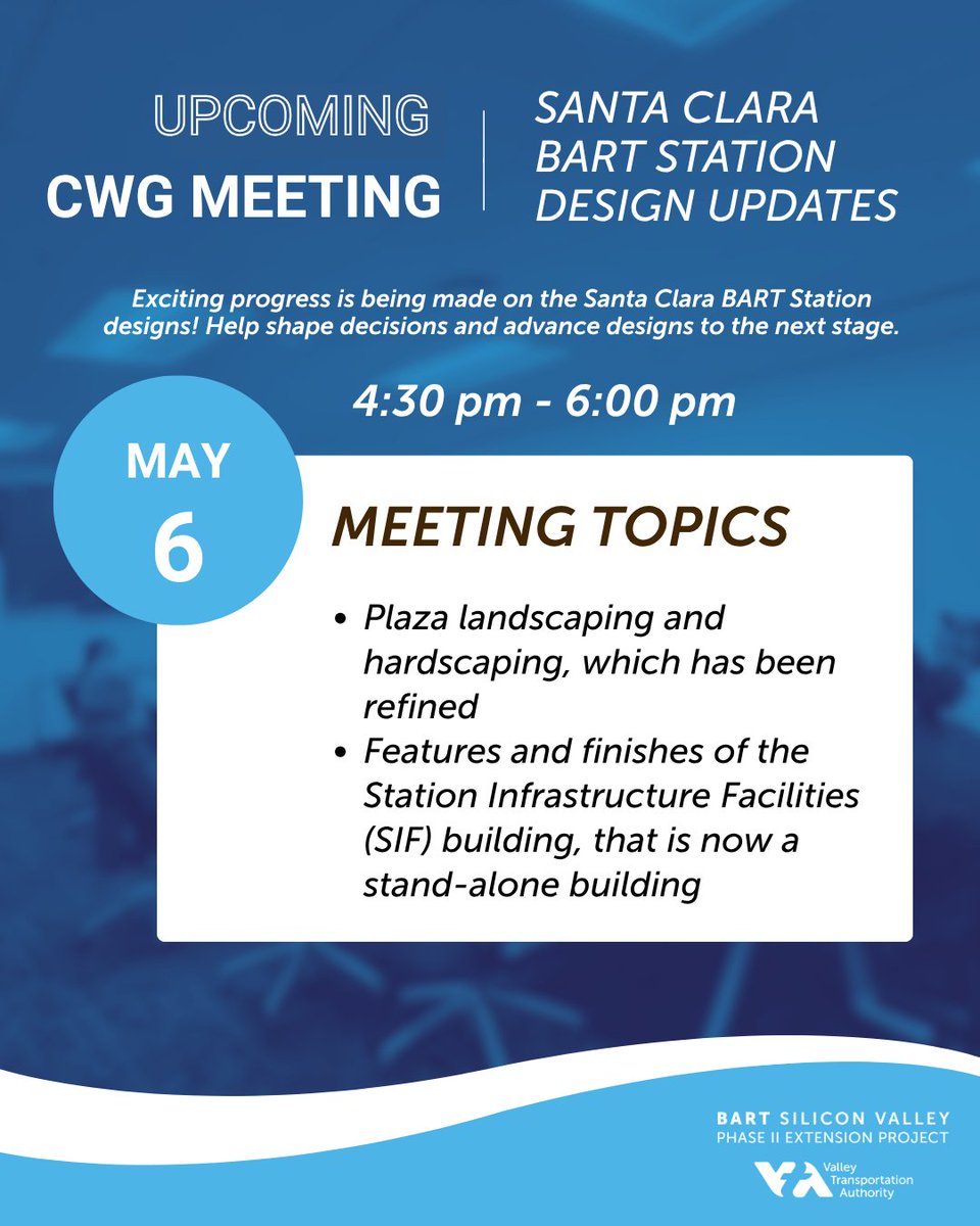 vtabsv2's tweet photo. Exciting design updates are here for the future Santa Clara BART Station! 

🏗️ Join our Community Working Group tomorrow, May 6, to discuss design preferences!

📅 Wed, May 6 | 4:30–6:00 PM 

🔗 Details: https://t.co/aRMXCYvzQZ

#bartsiliconvalley #vtabsv2 @vta https://t.co/wS5RHvOlfg