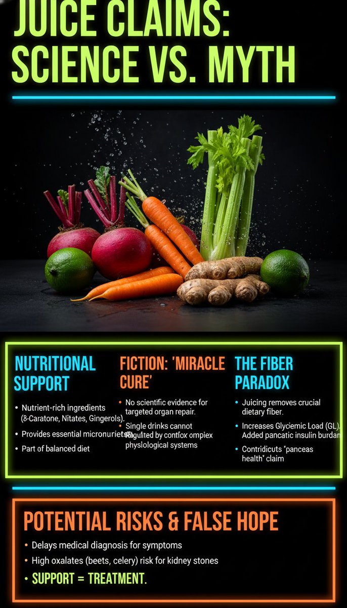 KaylerrisX's tweet image. Juicing for an "organ detox"?
Let’s look at the science.
Beets and ginger are healthy, but they don't "repair" your liver.
Stripping away fiber spikes your blood sugar.
This puts more stress on your pancreas, not less.
1/2
#HealthFacts #Nutrition #Science