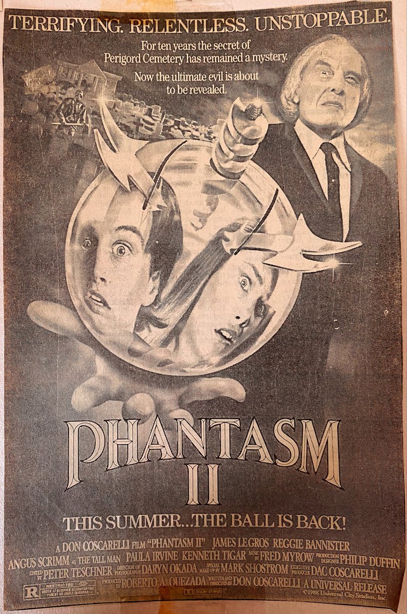 ClassicHBOGuide's tweet image. May 1990 @HBO - the solid sequel: PHANTASM II - newspaper ad, press book page, @FANGORIA cover #1980s #horror @DonCoscarelli