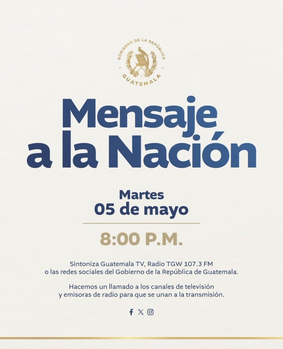 Hoy a las 8:00 PM el presidente Bernardo Arévalo dirigirá un mensaje a la nación. 

Sintoniza a través de los canales oficiales del Gobierno de Guatemala.