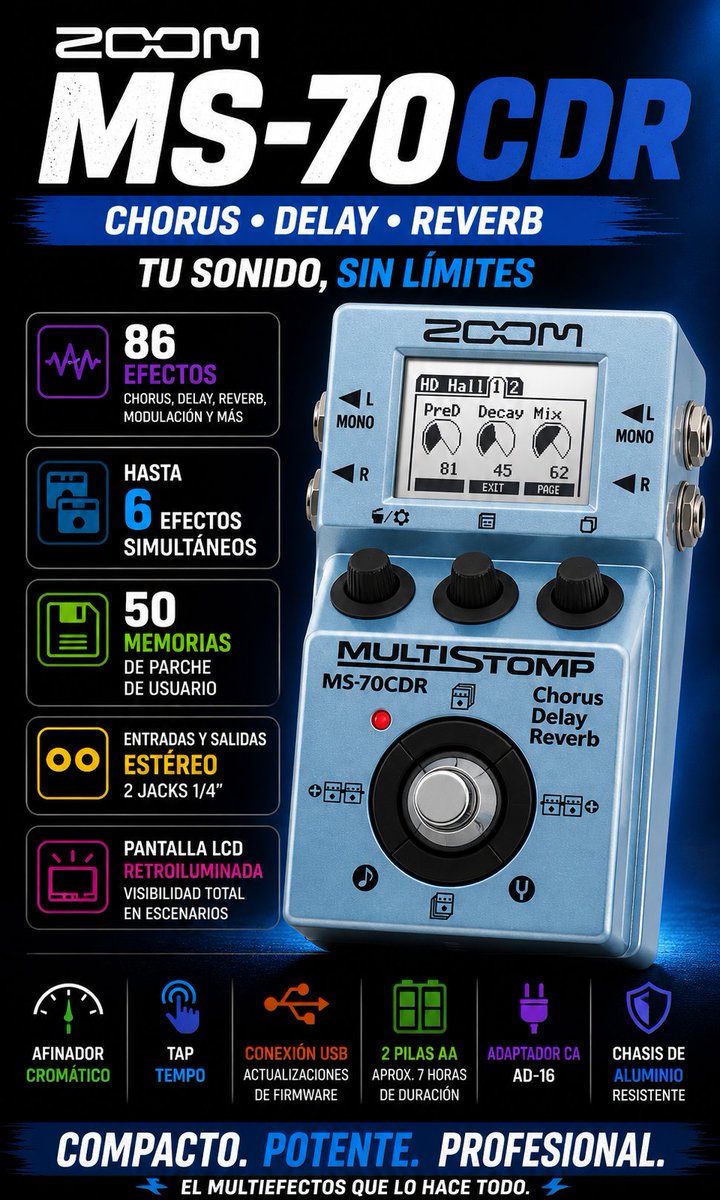 OnlyMusicShop's tweet image. 🌌🎸 Crea atmósferas únicas con la Zoom MS-70CDR. Chorus, delay y reverb de alta calidad en un solo pedal, con decenas de efectos y combinaciones para llevar tu sonido a otro nivel en vivo o estudio. ✨🎶
#Zoom #MS70CDR #GuitarFX #Ambient #Musica