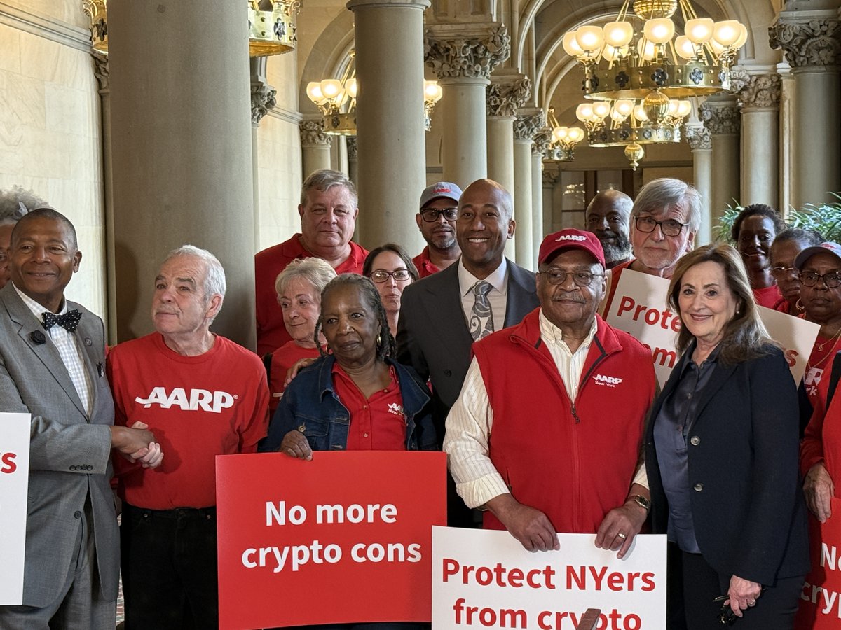 AARPNY's tweet photo. @BethNY AARP New York urges action on S.9891/A.10899 to crack down on crypto kiosk fraud. 

With $4.8M lost in NY (average loss=$11K) &amp; older adults accounting for 2/3 of losses, stronger protections are needed.   

Thanks to @JSandersNYC, @clydevanel, &amp; @SeawrightForNY for joining us. https://t.co/LtgbUDb3Fg