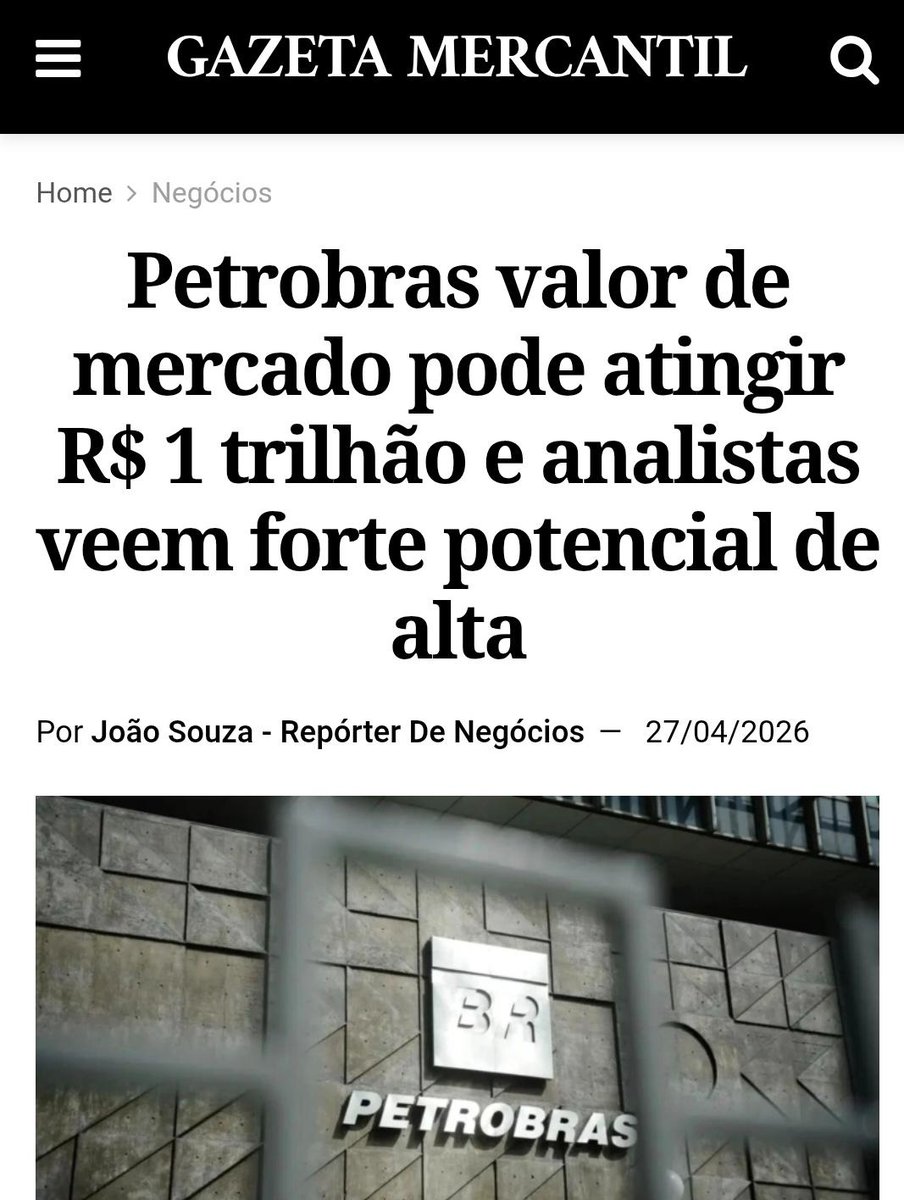 MauricioNardi20's tweet photo. @JHdaFonseca 1) Petrobras chegará, breve, a R$ 1 TRILHÃO valor de mercado, avalia Morgan Stanley. Hoje: R$ 650 bilhões.
2) PETR4 valorizou-se 100% desde que chutamos bozo, dezembro/22. Como Brent valorizou-se 'apenas' 26% no período, conclui-se ser #EfeitoLula 💰! https://t.co/zEgcF6JGfF