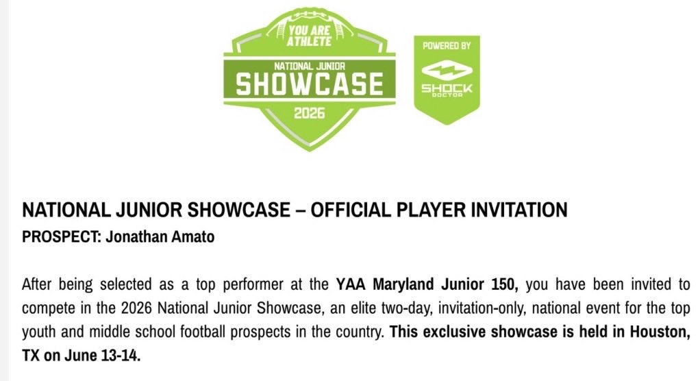 JJAmato17's tweet photo. Truly grateful for this opportunity. 🙏
Thank you for the invite to the YAA National Showcase in Houston, TX! Looking forward to competing with the best in the country.

#NationalShowcase #InviteOnly #TopProspects #Football #EarnYourSpot https://t.co/QXqsEtURIc