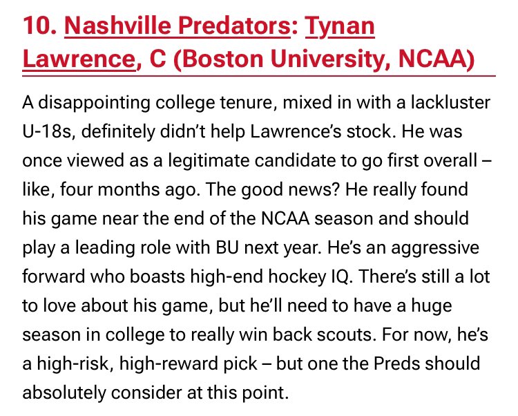 This seems like the best case scenario for the preds for this year’s draft, take advantage of some (valid?) overreaction to tynan lawrence’s disappointing draft year and swing on a guy who has legitimate top six centre upside