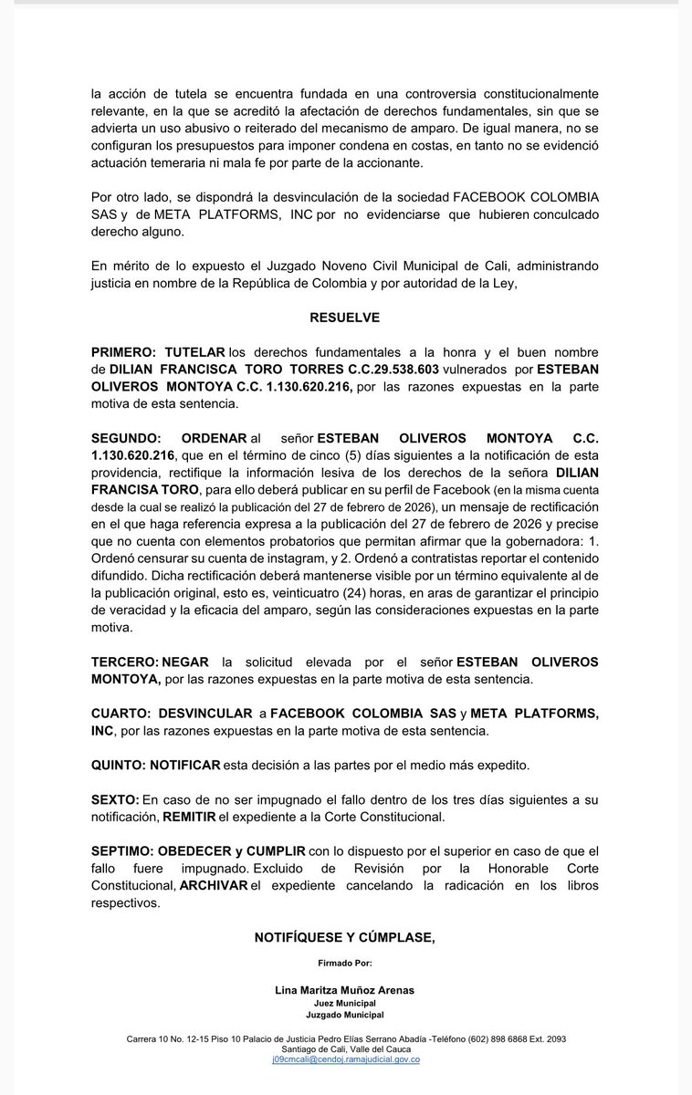 🔔🔔🔔 NOTICIA IMPORTANTE: 

Como abogado defensor de la Gobernadora DILIAN FRANCISCA TORO <a href="/DilianFrancisca/">Dilian Francisca T.</a>, me acaban de notificar una sentencia de tutela en donde el juez constitucional le ampara los derechos al buen nombre y a la honra y le ordena al diputado Esteban Oliveros