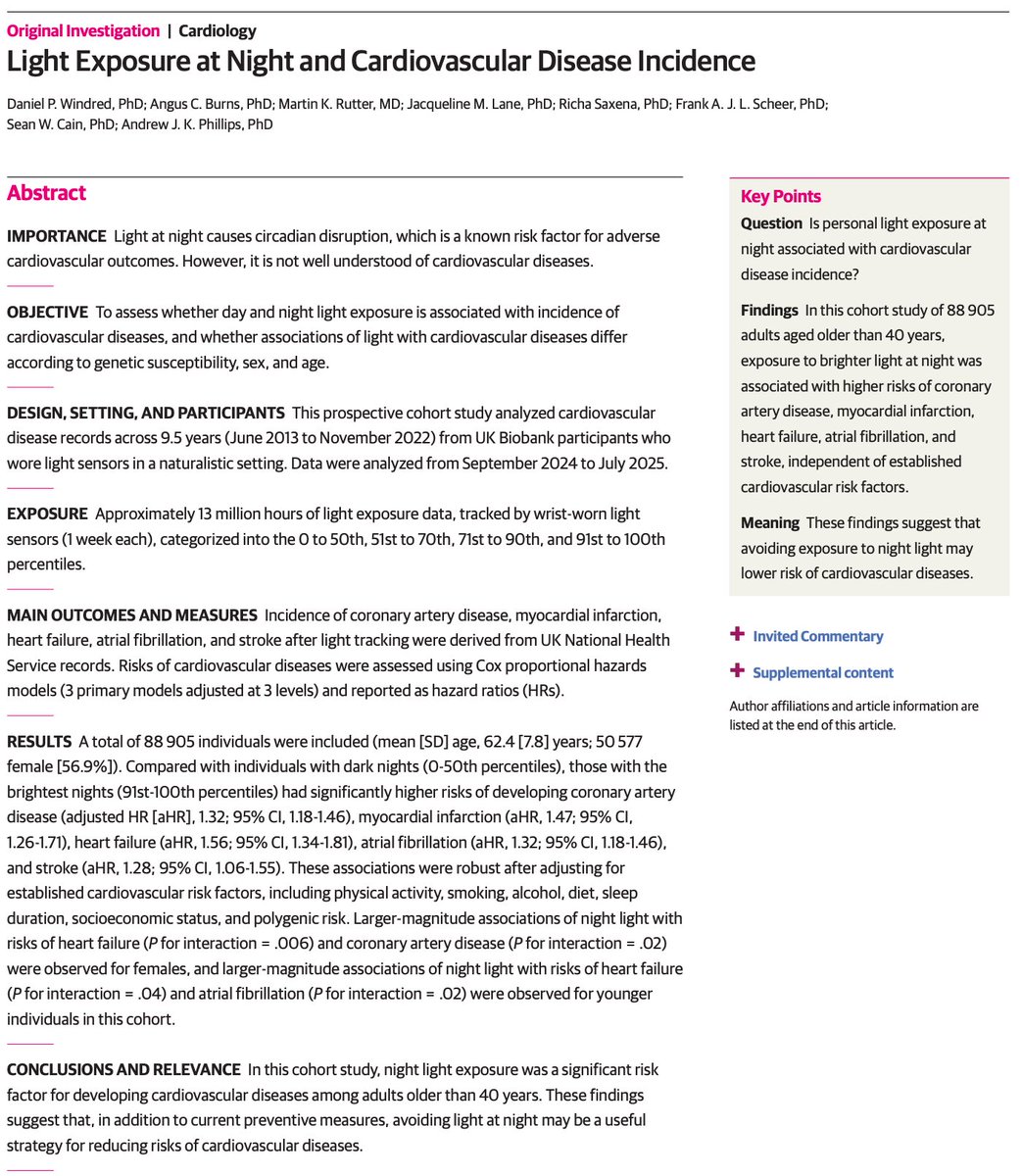 BrandonLuuMD's tweet photo. Light at night might be doing more than just disrupting sleep.

A cohort of 88,905 adults found the brightest nighttime light exposure was associated with a 47% higher heart attack risk. https://t.co/ybWhvdJYLj