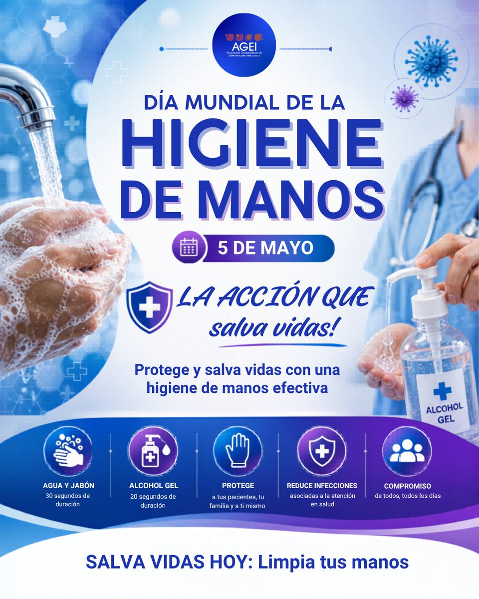 _AGEI's tweet photo. 🧼 5 de mayo | Día Mundial de la Higiene de Manos
🔵 Acciones que salvan vidas

La higiene de manos previene infecciones, reduce la resistencia antimicrobiana y protege a los pacientes y al personal de salud.

🤲 Hazlo en el momento adecuado. Haz la diferencia. https://t.co/PyMmUCAywi