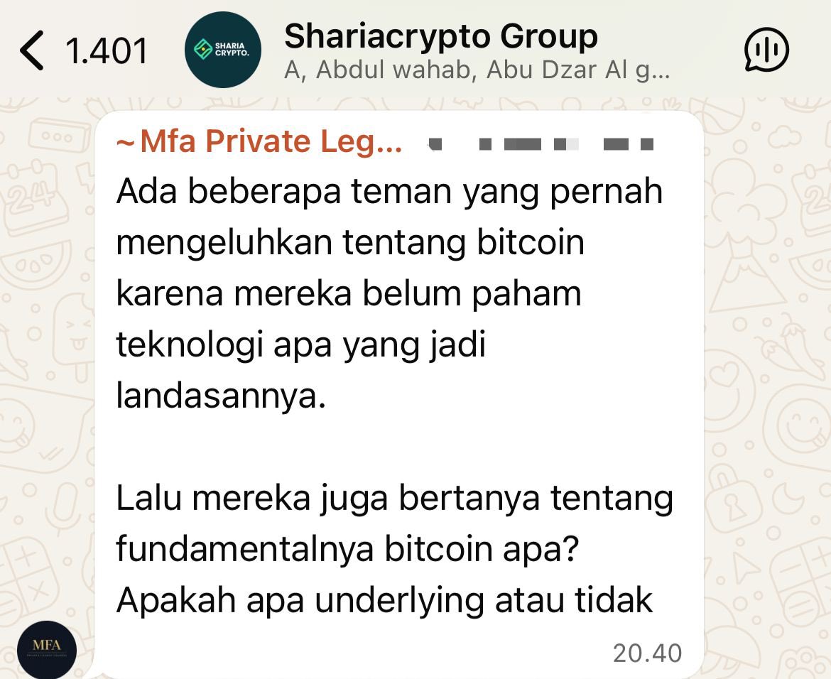 shariacrypto's tweet photo. KERAGUAN BITCOIN HALAL #3: "Apa underlying Bitcoin? Tidak ada underlying asset-nya."

Jawabannya akan mengubah cara kita melihat Bitcoin.

Pertanyaan baliknya: apa underlying uang kita?

Dolar AS sudah tidak di-back emas sejak 1971. Rupiah, Dollar, 
Euro — semuanya adalah fiat currency yang nilainya berdiri di 
atas kepercayaan kolektif dan kekuatan negara.

Bitcoin punya sesuatu yang lebih kuat dari kepercayaan 
kolektif:

Underlying Bitcoin adalah matematika dan energi.

Lebih spesifik:

1. KELANGKAAN YANG TERBATAS & TERVERIFIKASI
   Hanya 21 juta Bitcoin yang akan pernah ada. Ini bukan seperti janji perusahaan. Ini kode yang terbuka dan bisa diverifikasi  siapapun. Tidak ada bank sentral yang bisa "mencetak" Bitcoin lebih banyak.

2. ENERGI NYATA YANG DIKELUARKAN
   Setiap Bitcoin yang ada di dunia mewakili energi komputasi nyata yang sudah dikeluarkan untuk memverifikasinya. Ini Proof of Work (kerja nyata), bukan angka di server bank.

3. JARINGAN YANG SUDAH BERJALAN 16 TAHUN
   Bitcoin berjalan tanpa downtime sejak 2009. Tidak ada perusahaan, tidak ada CEO, tidak ada yang bisa mematikannya.

Ulama seperti Harris Irfan (penulis "Heaven's Bankers") 
menyebut Bitcoin sebagai “the most Islamic money ever created"
karena tidak bisa dimanipulasi, tidak bisa diinflasiasi 
secara sembarangan, dan transparan.

Underlying Bitcoin adalah trustless mathematics.
Lebih jujur dari fiat. “Lebih syariah”