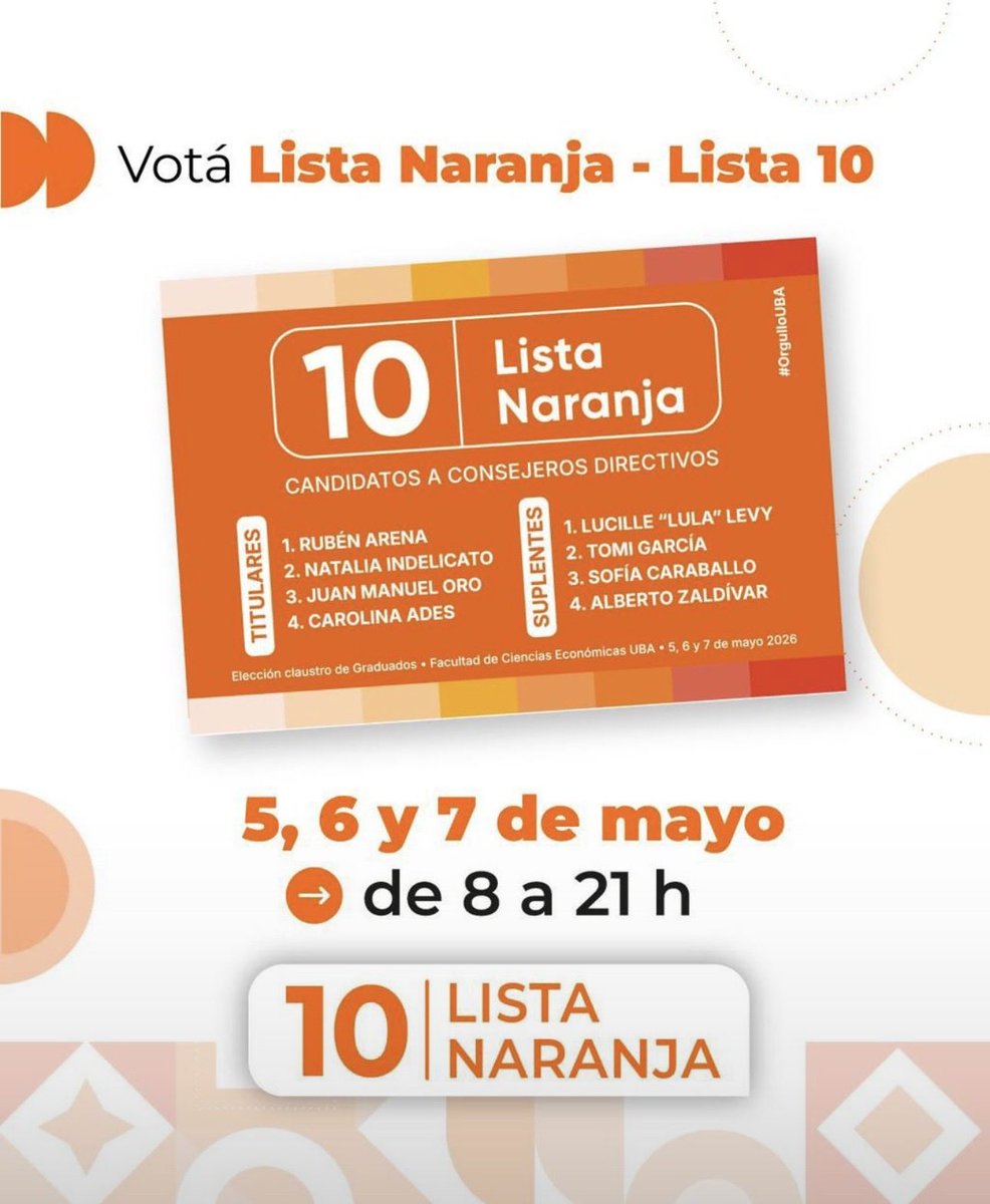 FedeRomano12's tweet photo. Si sos graduado de Económicas, vota Lista Naranja [10] 🍊

@UBAeconomicas https://t.co/ovmmDpIqKR