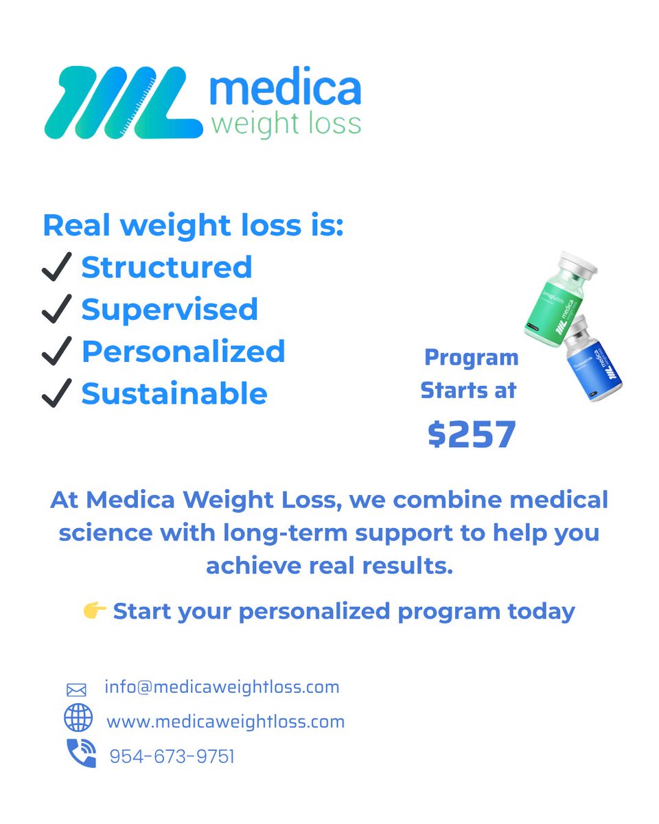 Hanzgrg's tweet photo. Most people think weight loss is about willpower—but real results come from medical guidance and personalized care.
At Medica Weight Loss, we focus on:
✔ Doctor-led treatment
✔ GLP-1–based options when appropriate
✔ Nutrition + lifestyle support
✔ Long-term results https://t.co/y2xJru9QEC