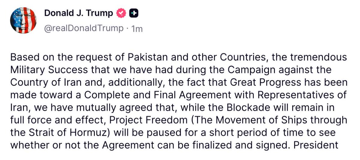 sghaider28's tweet photo. TRUMP PAUSES PROJECT FREEDOM

ON STRAIT OF HORMUZ

It really lasted 2 days 😆😆 https://t.co/xDzKMh7CCp