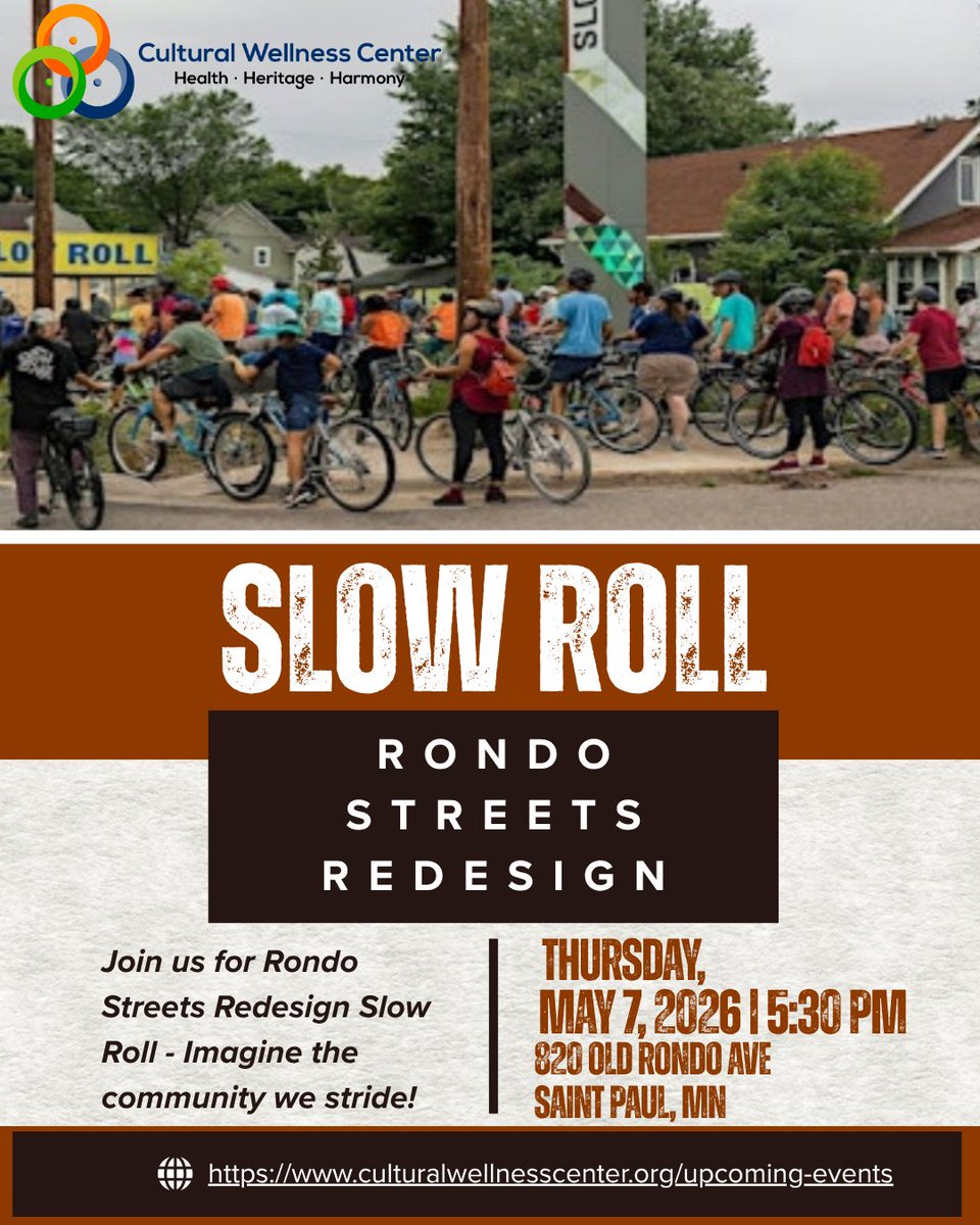 CulturalWC's tweet photo. Join CWC for the Rondo Streets Redesign Slow Roll on Thurs., May 7 at 5:30 PM at Rondo Plaza.

We ride to honor Rondo’s people, history &amp; cultural presence while imagining streets that better support connection, wellness &amp; economic thriving.

Register: https://t.co/6ySPE4k8VF https://t.co/IXzJZX4Y8U