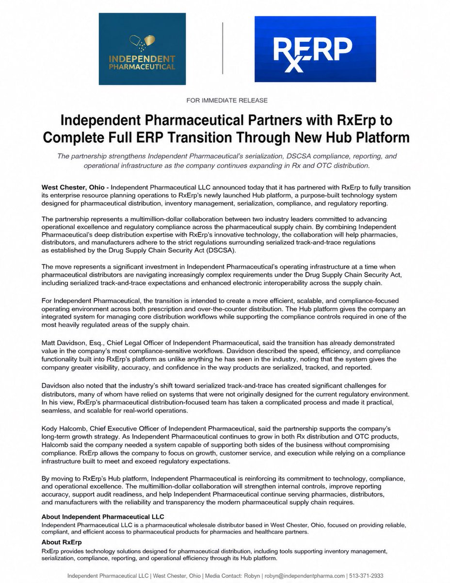 DatLawyerMattyD's tweet photo. The new Hub launch has already brought so much simplicity to our operations. The work RxErp has done on this system is simply amazing. #erp #pharma #pharmaceutical #trackandtrace #RxErp #compliance https://t.co/7jwSqAAxdE