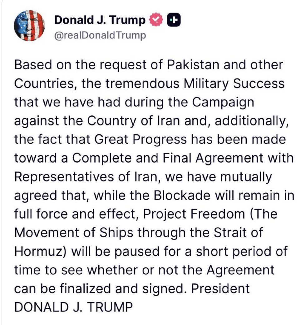 muhammadrazah's tweet image. 🇺🇸🇵🇰 President Trump says US suspend Project Freedom in the Strait of Hormuz at "the request of Pakistan."
 #USA #MiddleEast #Geopolitics #Breaking #StraitOfHormuz #china #IranWar‌ #usa #ceasefire