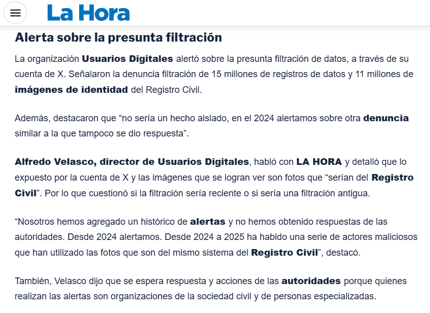 Millones de datos de identidad del Registro Civil fueron filtrados, entrevista de <a href="/lahoraecuador/">La Hora Ecuador</a> a <a href="/alfredovelazco/">Alfredo Velazco</a> <a href="/usuariosdigital/">Usuarios Digitales</a>