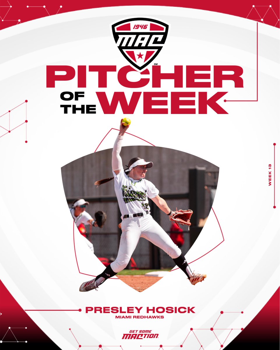MACSports's tweet photo. 🥎 Pitcher of the Week 🥎

Presley Hosick has consistently demonstrated her dominance and reliability on the mound. This week, she posted an outstanding 0.50 ERA, allowing just one earned run across two complete games. Over 14.0 innings, she gave up only nine hits and three walks while striking out eight batters and holding opponents to a .184 batting average. She also recorded a shutout against BGSU. Hosick continues to be a steady and impactful force for the RedHawks

@MiamiOH_SB | #MACtion