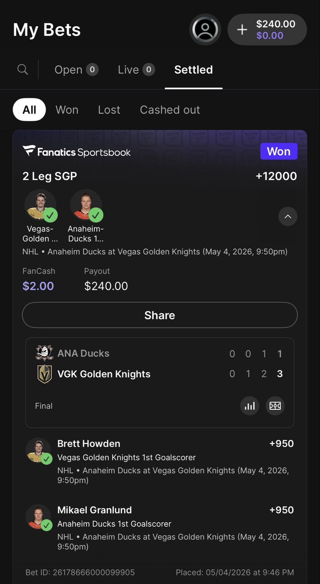 PollysLoxx's tweet photo. Cashed the +12,000 with $2 FanCash 🤣  great end to the night ! #nhl #vegas #StanleyCupPlayoffs https://t.co/zJdLw6y6Qv